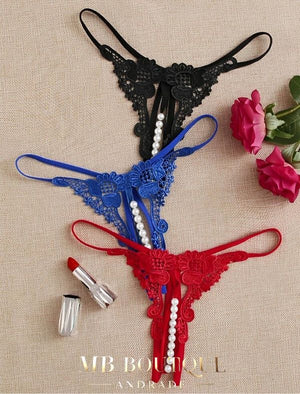 Calcinha Fio Dental com Pérolas – Kit Sensual em Renda Preta, Azul e Vermelha | Lingerie Erótica Luxuosa