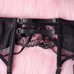 Lingerie Black Secret – Renda Floral com Strappy e Cinta-Liga