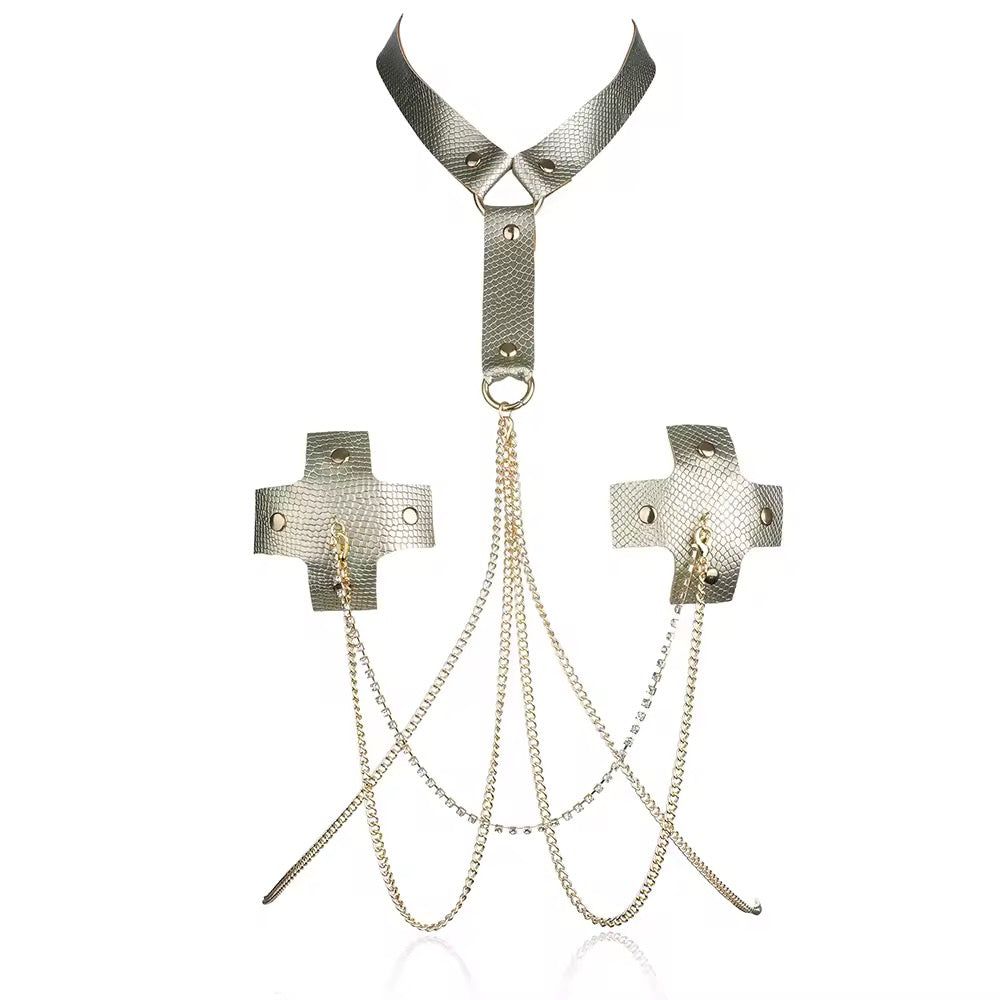 Tapa-Seios Golden Cross com Coleira de Luxo – Sedução Dourada com Correntes