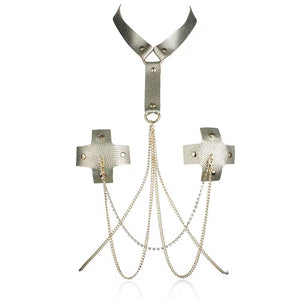 Tapa-Seios Golden Cross com Coleira de Luxo – Sedução Dourada com Correntes