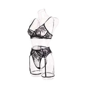 Lingerie Black Secret – Renda Floral com Strappy e Cinta-Liga
