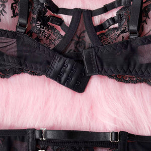 Lingerie Black Secret – Renda Floral com Strappy e Cinta-Liga