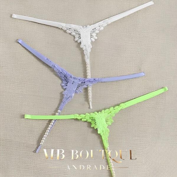 Kit 3 calcinhas com detalhes em pérolas e regulagem na lateral