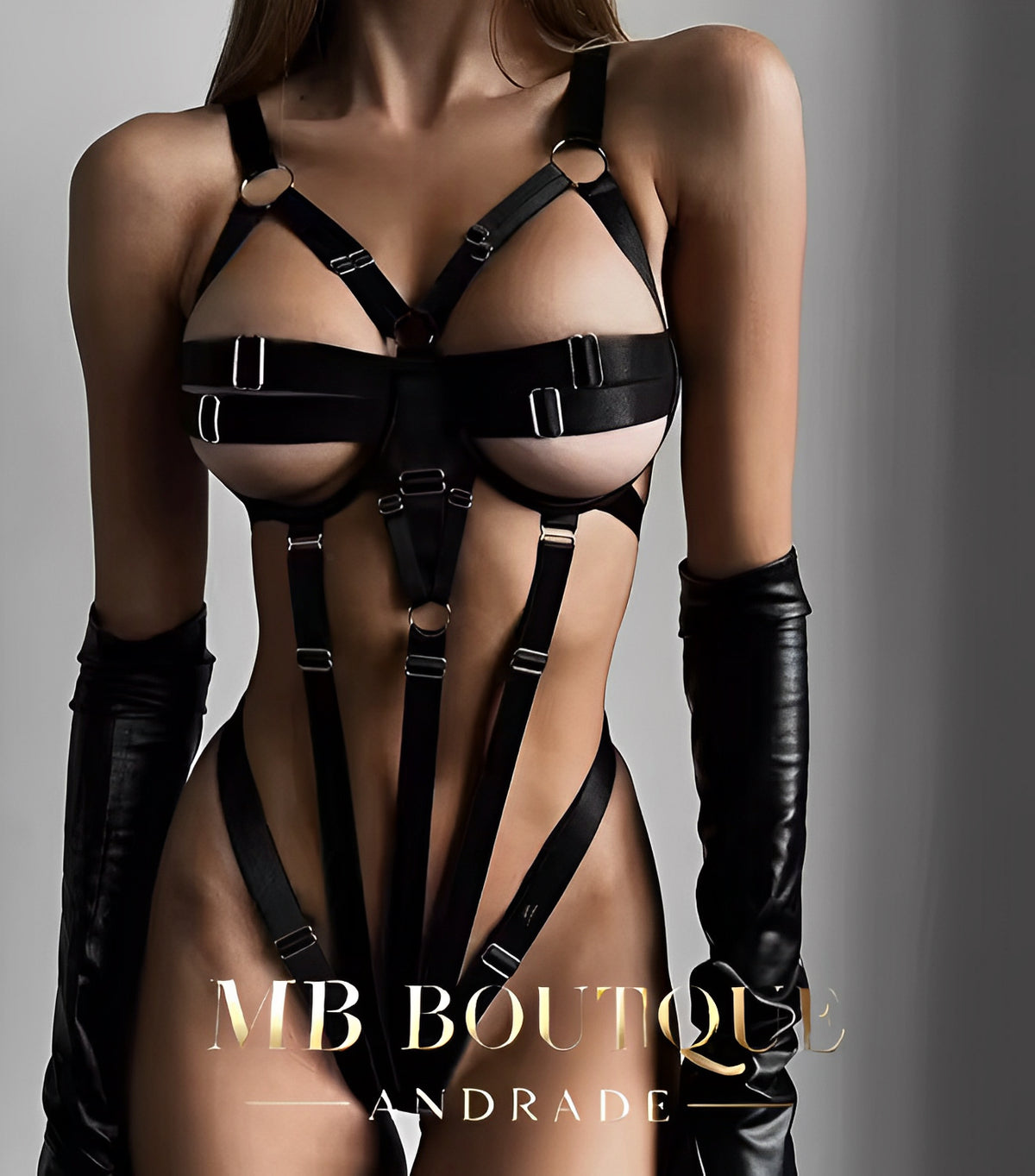 Body Dominatrix Preto - Harness Fetichista com Tiras Ajustáveis – Lingerie Sensual de Dominação e Impacto Visual