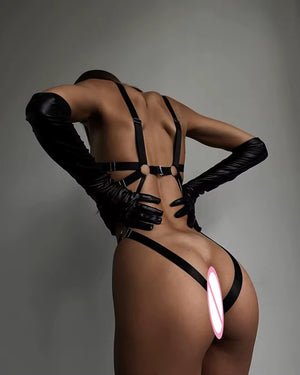 Body Dominatrix Preto - Harness Fetichista com Tiras Ajustáveis – Lingerie Sensual de Dominação e Impacto Visual