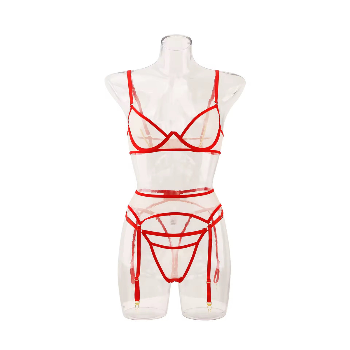 Lingerie Red Desire Transparente – Com Cinta-Liga e Luvas