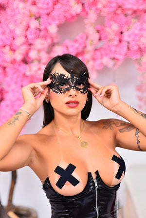 Máscara de Renda Sensual com Strass para Fantasias Eróticas, Festas e Jogos de Sedução