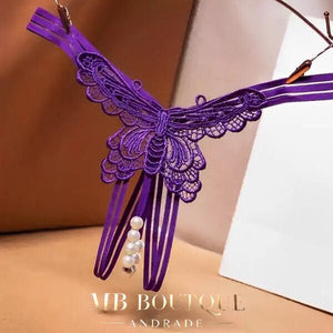 Calcinha fio dental com bordado em Borboleta e detalhes em pérolas