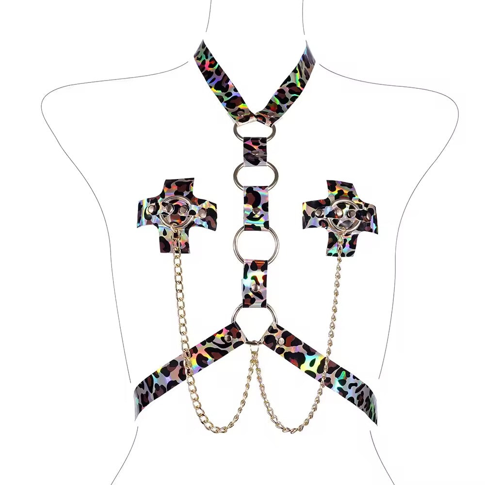 Tapa-Seios Animal Print com Harness e Correntes – Selvagem e Imparável