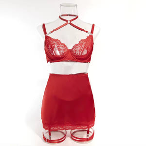 Lingerie Red Seduction – Com Saia de Cetim, Ligas e Fio Dental Regulável