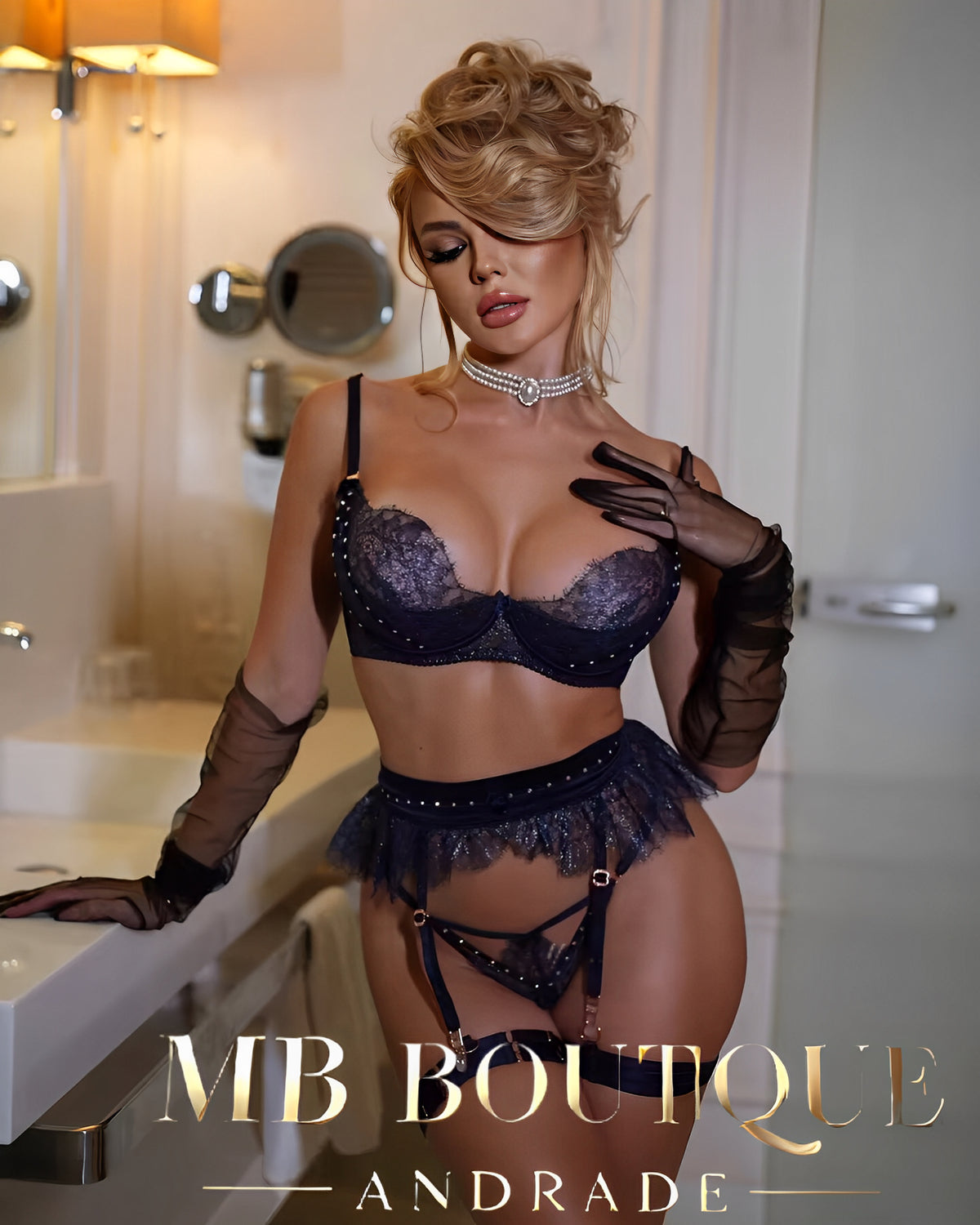 Lingerie Azul Noite com Cinta-Liga – Brilho e mistério em um só visual