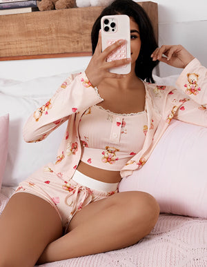 BabyDoll Rosa com Ursinhos e Cupcakes – Conjunto com Blusa de Frio P ao GG