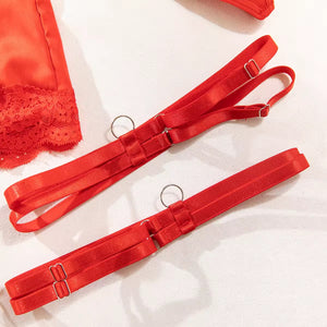 Lingerie Red Seduction – Com Saia de Cetim, Ligas e Fio Dental Regulável