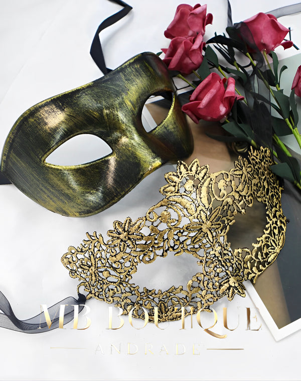 Kit Máscaras Duo Fantasia – Máscara Masculina + Feminina Dourada