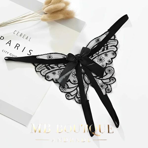 Calcinha sexy com abertura inferior com detalhes em laço e desenho em borboleta - Presente sensual e inesquecível