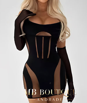 Vestido Black Hypnotic com Luvas - Recortes Sensuais e Ajuste Perfeito