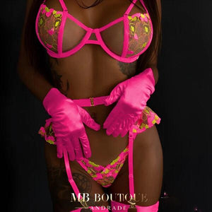 Lingerie completa com ligas de perna e gargantilha