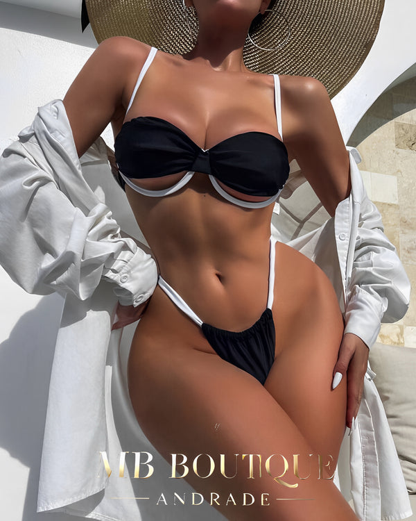 Biquíni Preto com Detalhes Brancos – Sofisticação e Modernidade