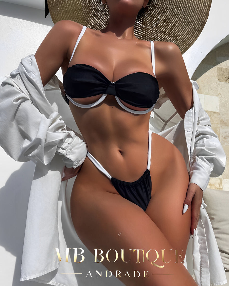 Biquíni Preto com Detalhes Brancos – Sofisticação e Modernidade
