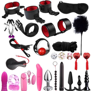 Kit BDSM Preto - Completo com 26 Itens para Casais - Algemas, Vibradores, Plugs e Acessórios Eróticos