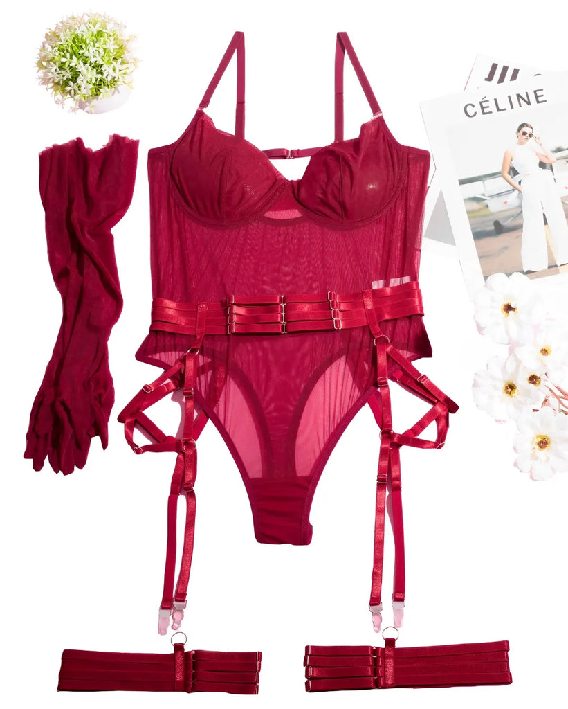 Body com luvas, cinta liga e ligas de perna