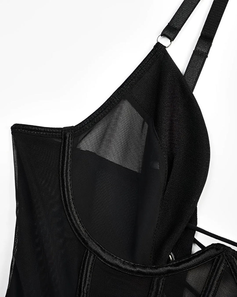 Lingerie Corset Preto Sexy em Tule Transparente com Gargantilha e Calcinha Regulável – Lingerie de Luxo Ousada
