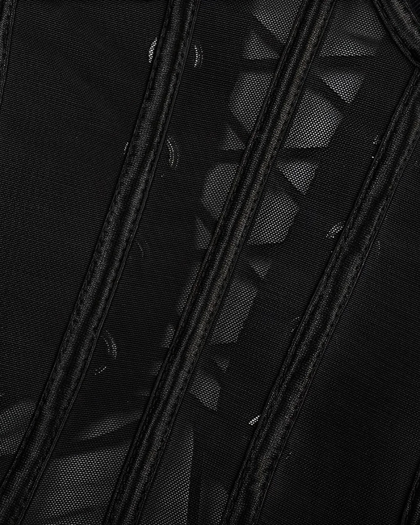 Lingerie Corset Preto Sexy em Tule Transparente com Gargantilha e Calcinha Regulável – Lingerie de Luxo Ousada