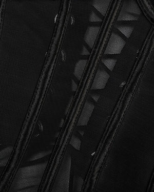 Lingerie Corset Preto Sexy em Tule Transparente com Gargantilha e Calcinha Regulável – Lingerie de Luxo Ousada