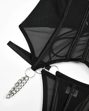 Lingerie Corset Preto Sexy em Tule Transparente com Gargantilha e Calcinha Regulável – Lingerie de Luxo Ousada