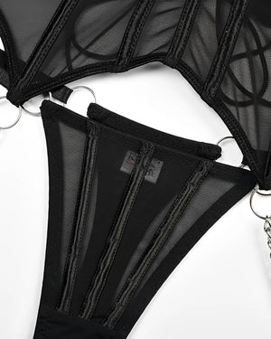 Lingerie Corset Preto Sexy em Tule Transparente com Gargantilha e Calcinha Regulável – Lingerie de Luxo Ousada