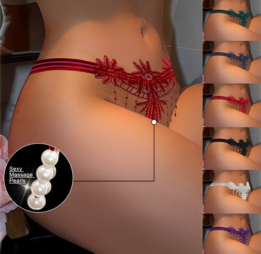 Calcinha com pérolas e bordados em flores