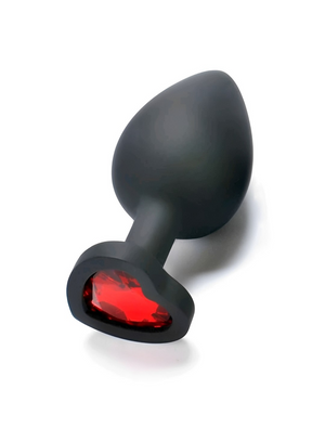 Plug Anal Preto de Silicone com Joia Vermelha em Formato de Coração - Tamanho Único
