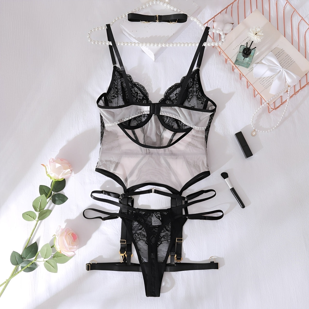 Conjunto Corselet Preto em Renda com Cinta-Liga e Choker – Lingerie Sexy, Sensual e Ousada para Mulheres Poderosas, do P ao G