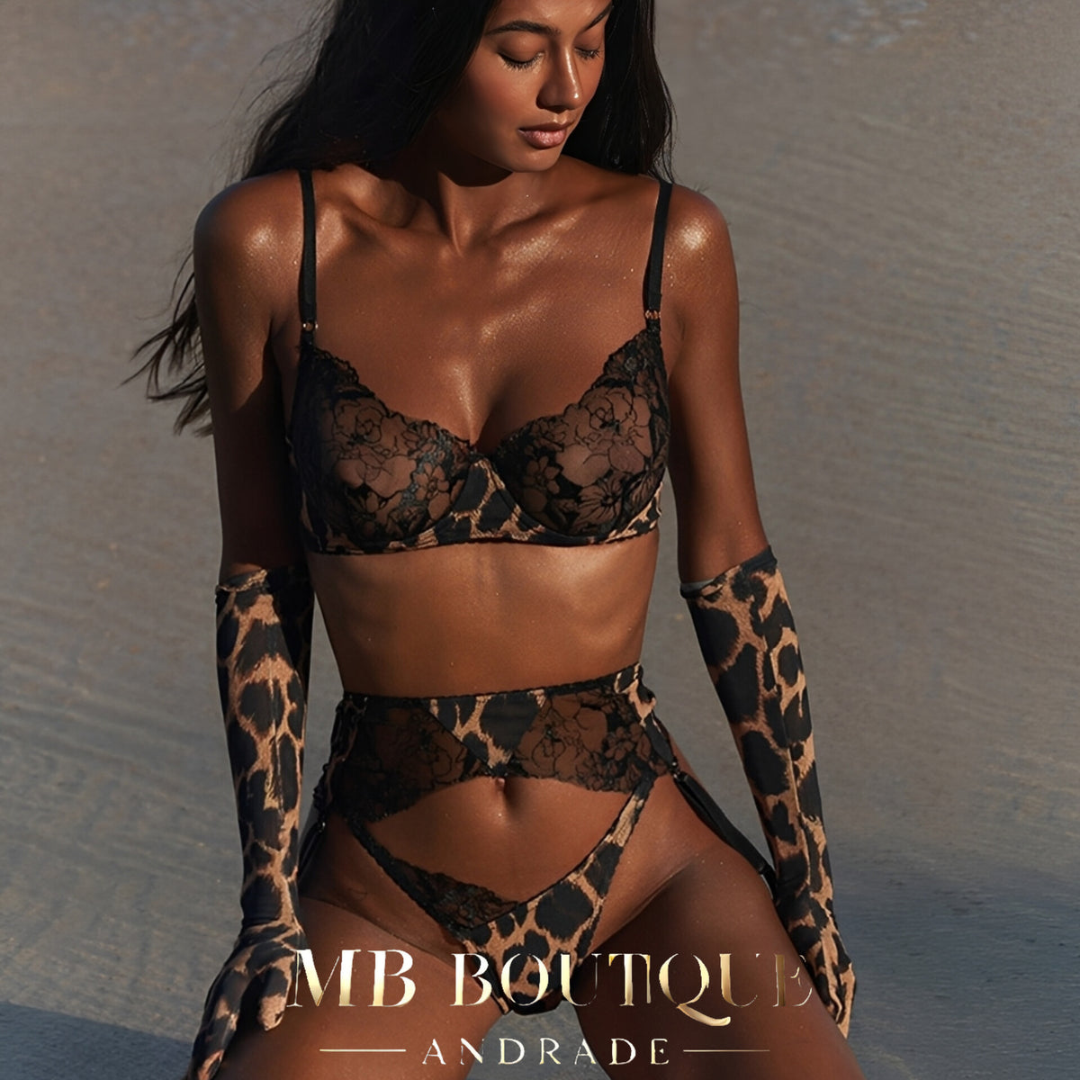Conjunto Lingerie Animal Print com Renda, Meias e Luvas – Selvagem, Sexy e Sofisticada