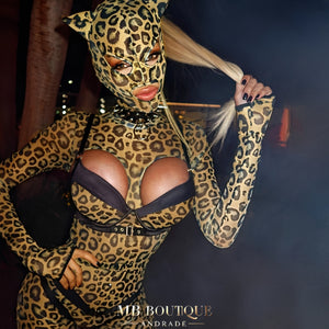 Fantasia de Onça Sexy com Máscara, Cauda e Conjunto Lingerie Animal Print – Conjunto Erótico Feminino Exclusivo