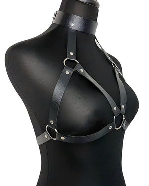 Harness de Couro Preto com Argolas Metálicas – Lingerie Fetichista e Sensual