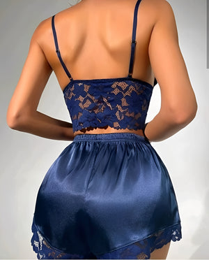 Conjunto Lingerie de Cetim e Renda Azul Marinho – Short Doll Sexy Feminino sem Bojo