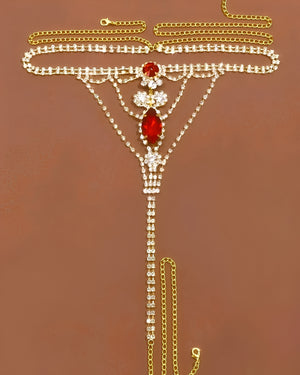 Calcinha Joia Luxo com Pedras Vermelhas e Correntes de Strass – Coleção Gold | Lingerie Luxuosa