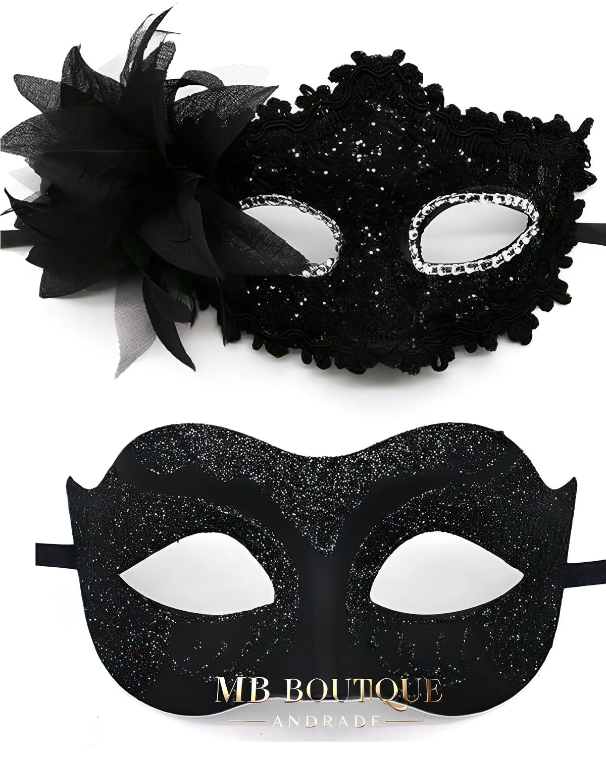 Máscaras de Baile Preto Casal – Kit Máscara Veneziana Masculina e Feminina com Detalhes de Renda, Flor e Glitter – Fantasia de Luxo para Festa e Carnaval