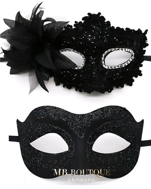 Máscaras de Baile Preto Casal – Kit Máscara Veneziana Masculina e Feminina com Detalhes de Renda, Flor e Glitter – Fantasia de Luxo para Festa e Carnaval