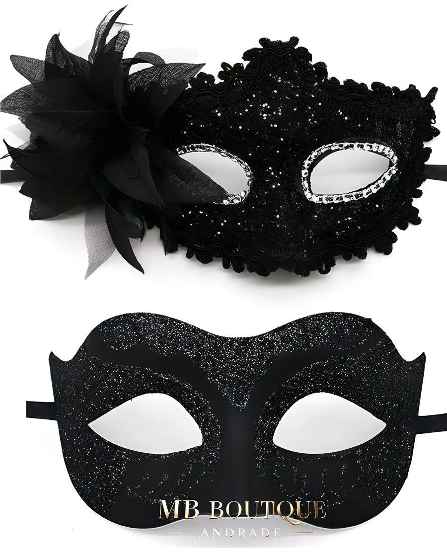 Máscaras de Baile Preto Casal – Kit Máscara Veneziana Masculina e Feminina com Detalhes de Renda, Flor e Glitter – Fantasia de Luxo para Festa e Carnaval