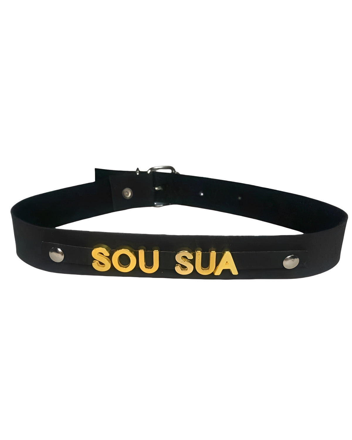 Gargantilha de Couro Preto com Palavras em Metal Dourado – Sexy, Safada, Putinha, Submissa e Sou Sua