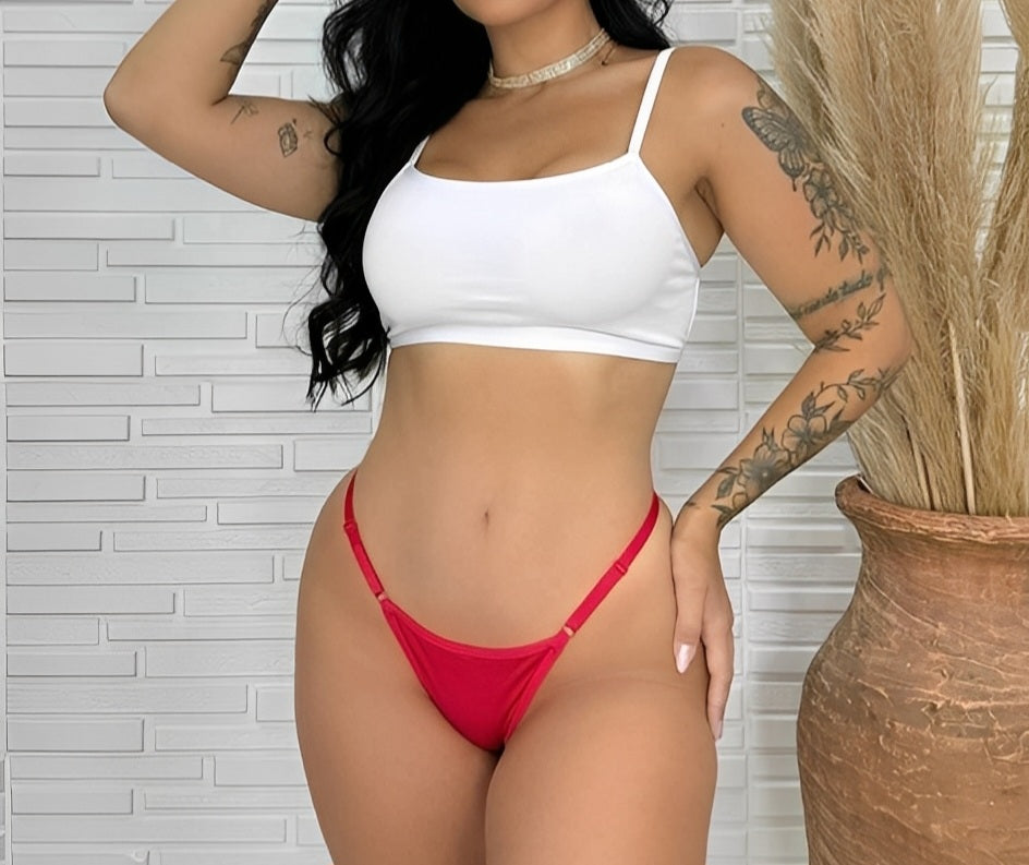 Calcinha Fio Dental com Borboleta Bordada e Lantejoulas - Lingerie Sensual Ajustável P ao G - Preto, branco e vermelho
