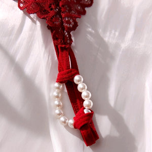 Calcinha Fio Dental Tailandesa Vermelha com Pérolas e Renda - Lingerie Sensual Feminina de Luxo P ao GG