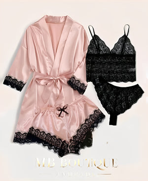 Kit Sensual Rosa 4 Peças de Cetim e Renda – Robe, Short, Top e Calcinha Preta P ao GG