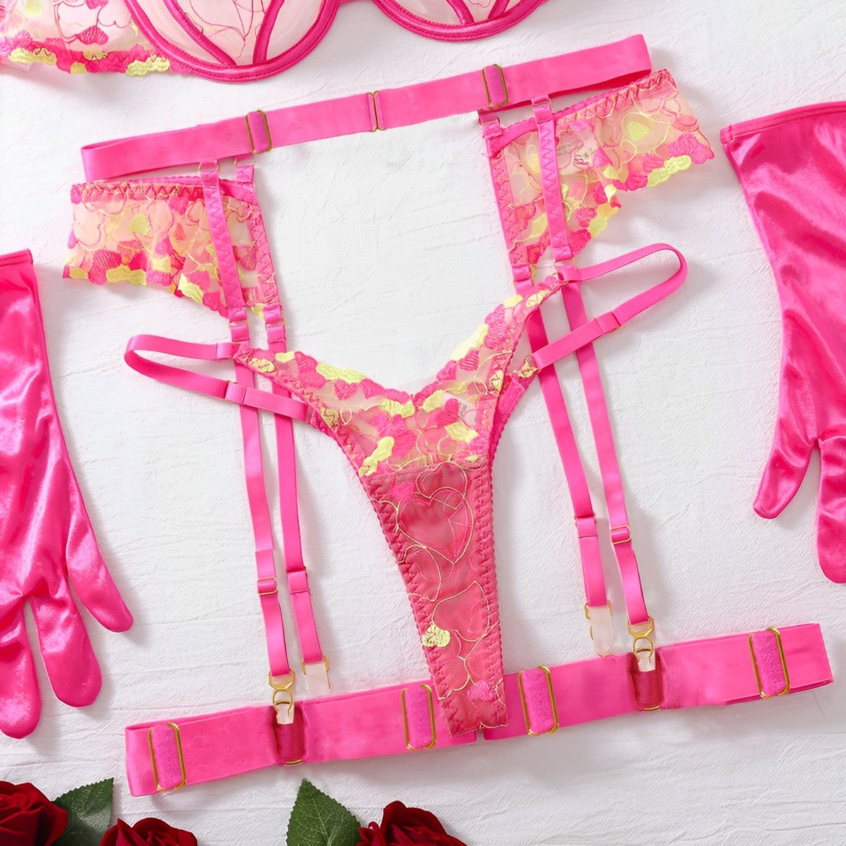 Lingerie completa com ligas de perna e gargantilha