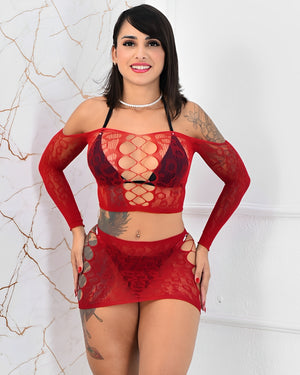 Conjunto Transparente Vermelho com Blusa e Saia Sensual – Tecido Arrastão com Recortes Laterais (Tamanho Único P ao M)