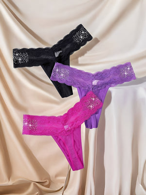 Kit 3 Calcinhas Fio Dental em Renda com Strass, preto, roxo, rosa- Lingerie Sexy e Confortável para Noite Especial e Presente Sensual