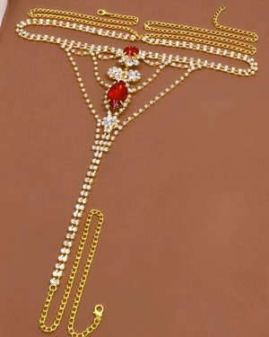 Calcinha Joia Luxo com Pedras Vermelhas e Correntes de Strass – Coleção Gold | Lingerie Luxuosa