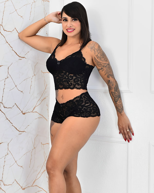 Camisola com calcinha fio dental e ligas de perna 